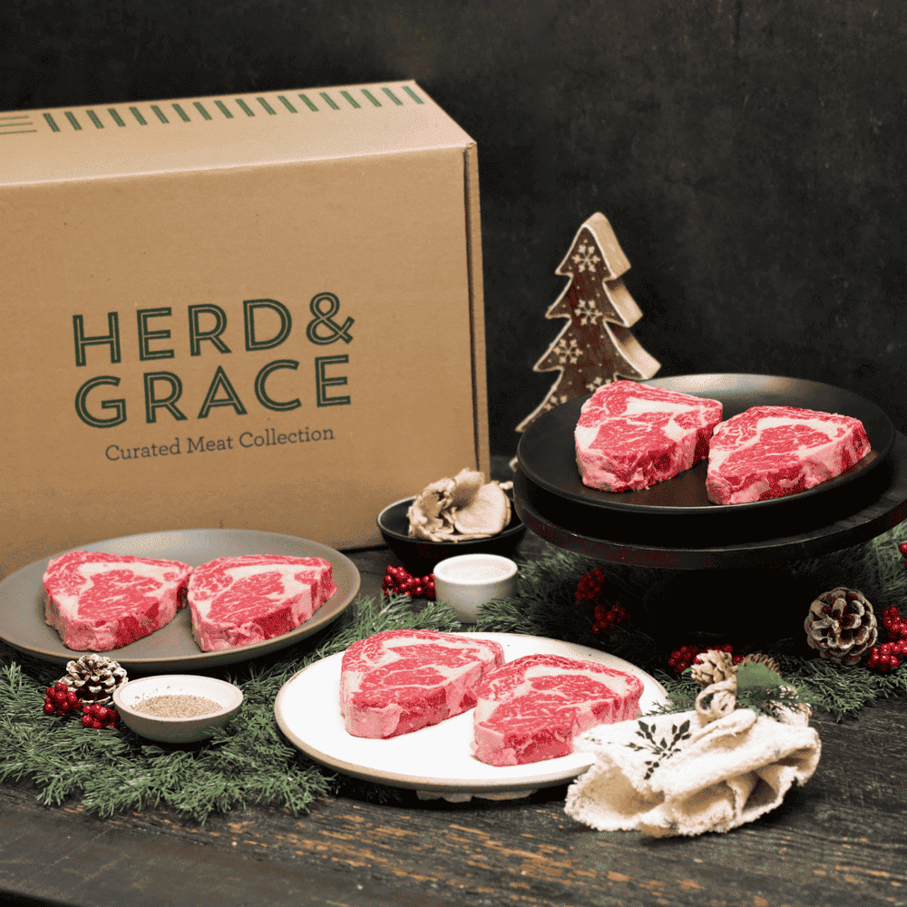 Cape Grim 100 Grass-Fed ribeye steaks in gift box, marbled red meat
