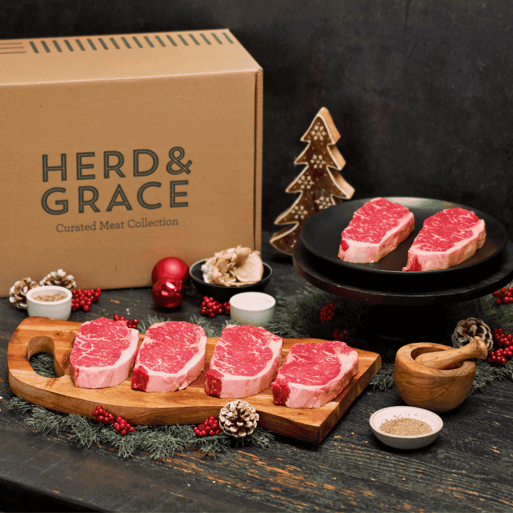 Cape Grim 100 Grass-Fed 14 ounce New York strip steaks gift set with beef