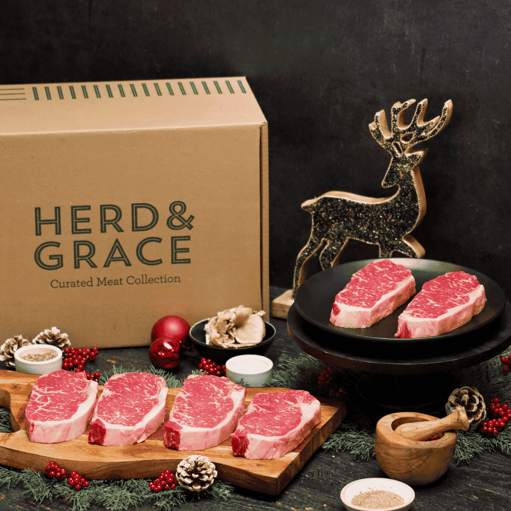 Black Opal F1 Australian Wagyu steak box with marbled New York strips