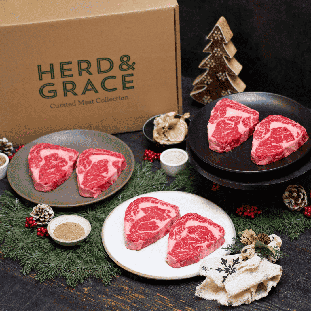 Black Opal F1 Australian Wagyu ribeye steaks red marbling on plates