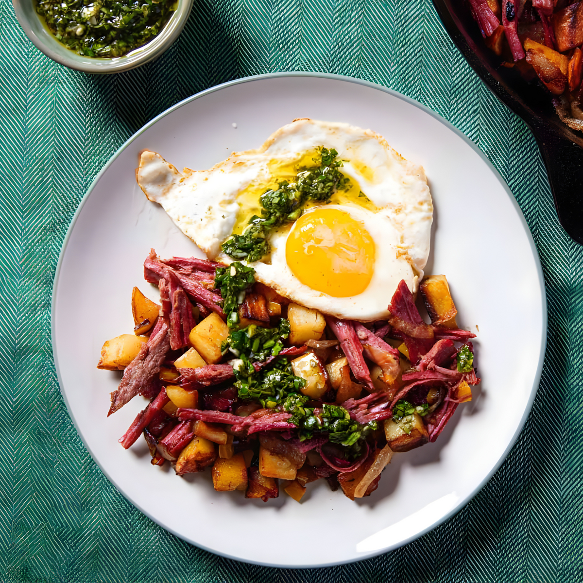 Plate of corned beef hash with a fried egg and green garnish on a green tablecloth.