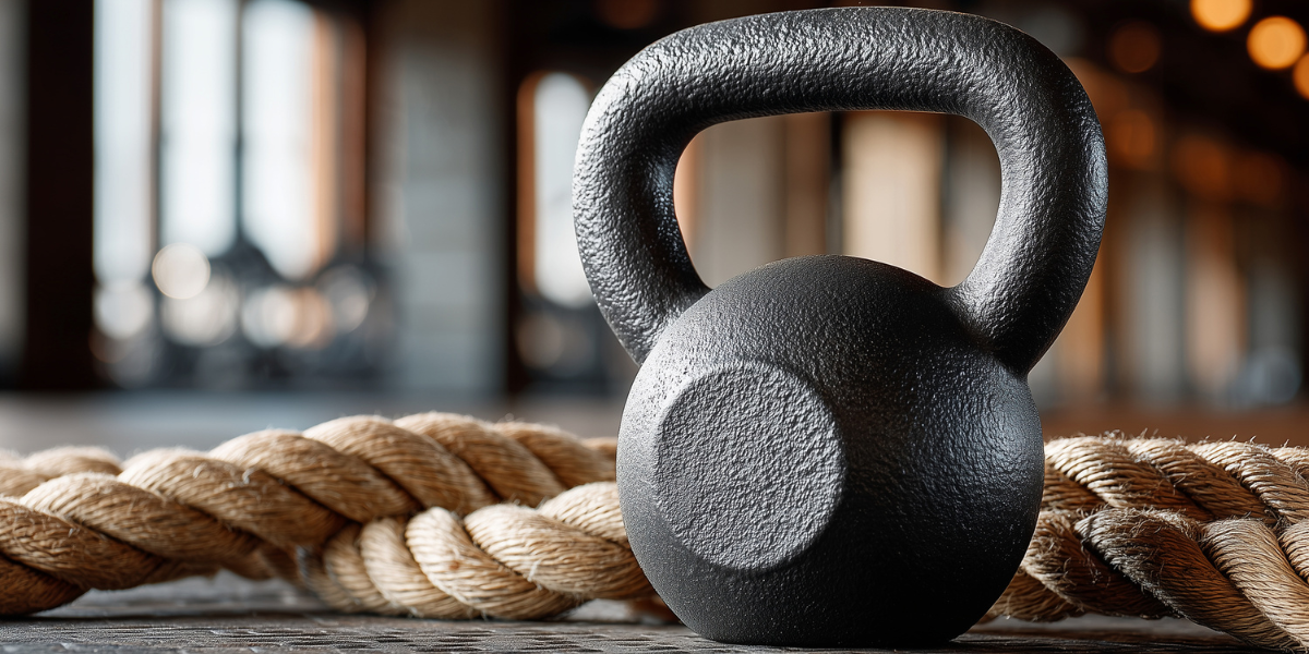 Black kettlebell on a wooden surface with a blurred background